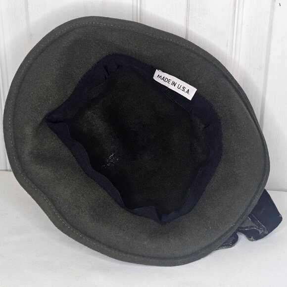 Olive Green Wool Felt Cloche Hat Velvet Band Rhinestone Brooch Vintage Church - Picture 6 of 9